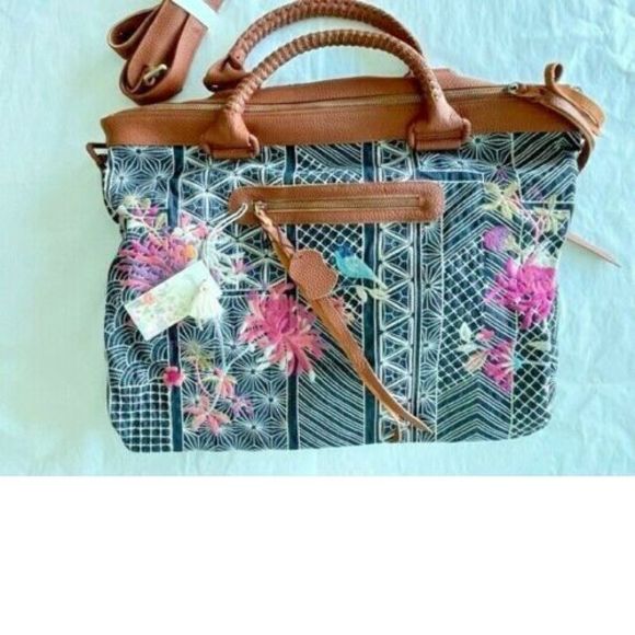 Johnny Was Viviana Denim Weekender Bag Floral Embroidery Handbag Brown Grey NEW - Picture 4 of 6